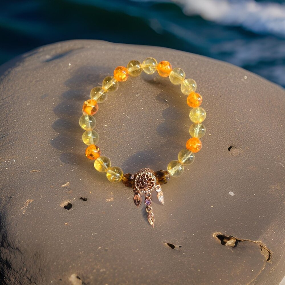 Citrine & Amber with dream catcher charm bracelet  7 inch
